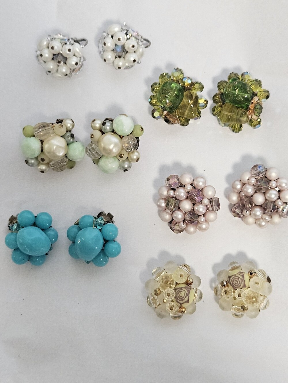 Vtg Mid Century Cluster Clip On Earrings Lot 6 Pairs Faux Pearl Glass Japan